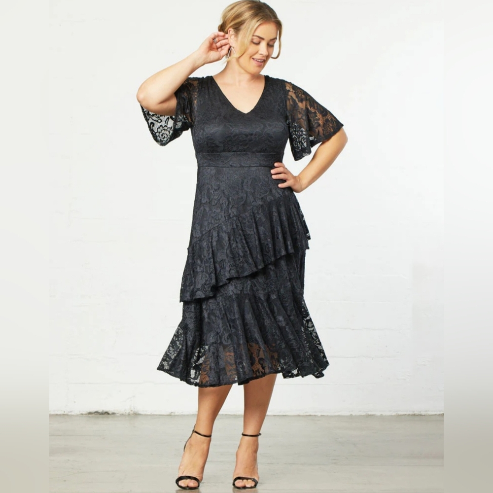 NWT Kiyonna Womens Black Lace Affair Tiered Midi Cocktail Dress Size 0X